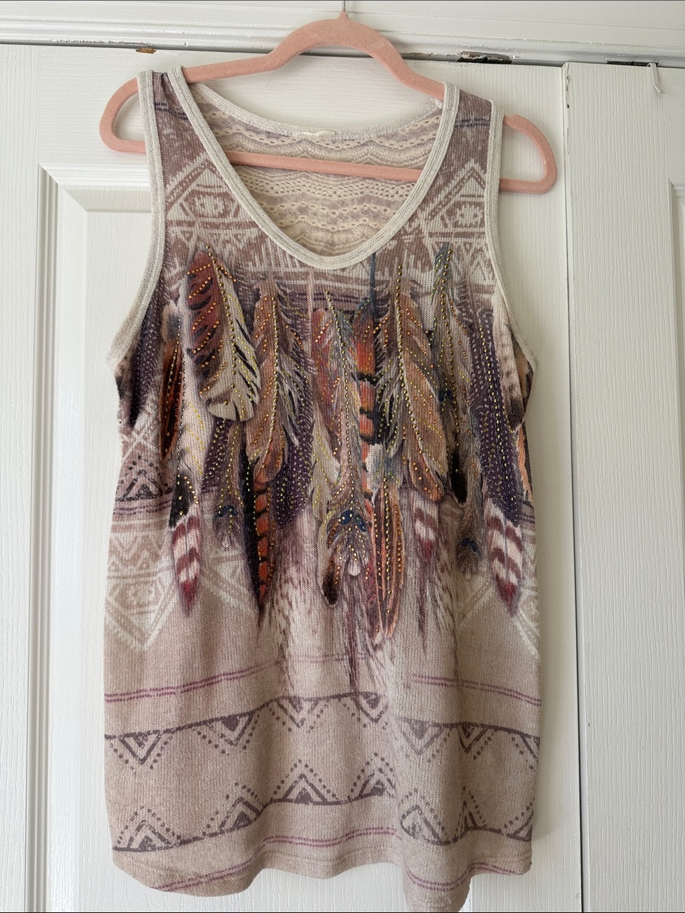 Vocal Beige Feather Print Tank Top with Accent Beading